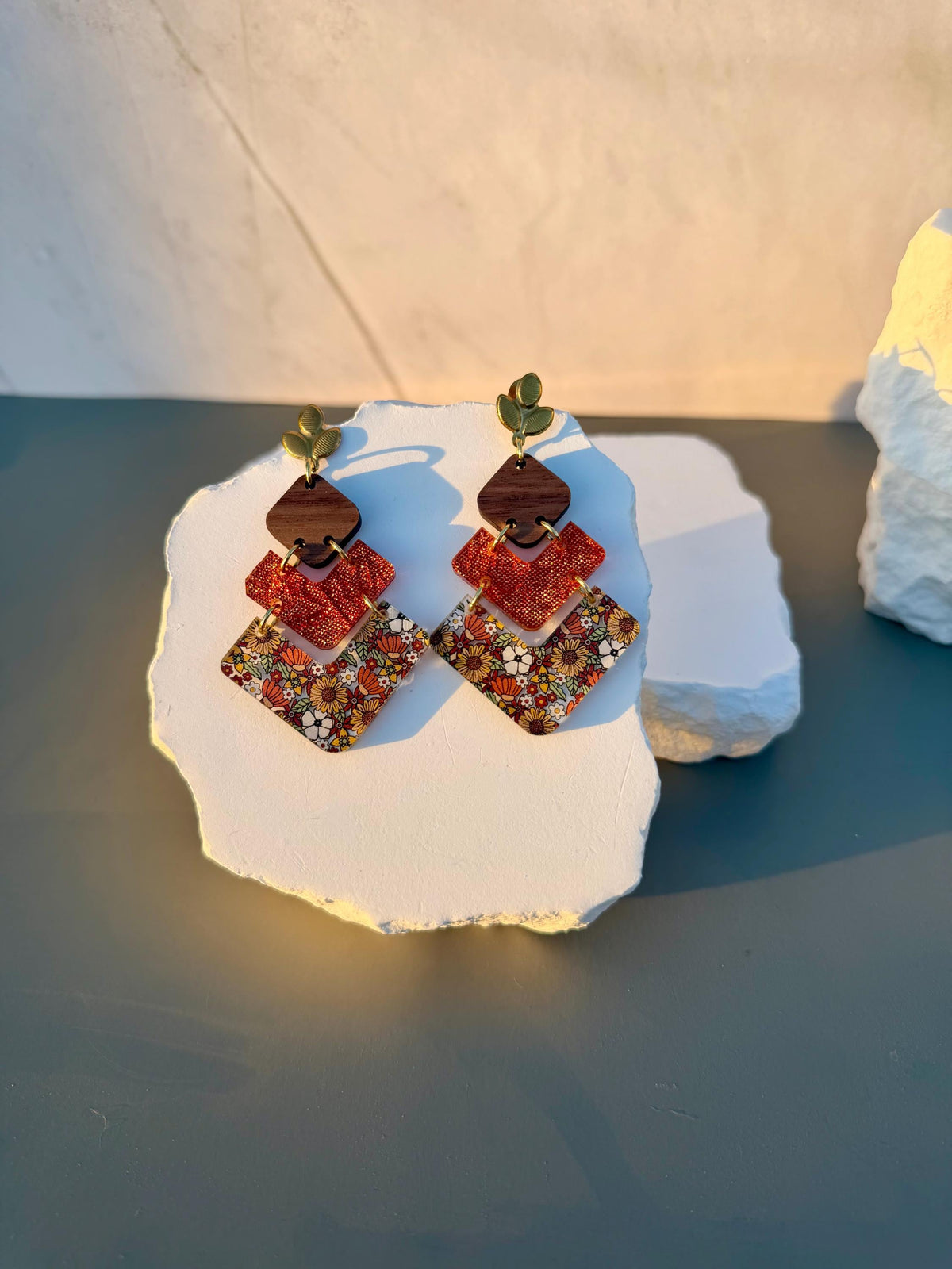 Autumn Boho Floral Statement Earrings | Stacked Geometric Dangles