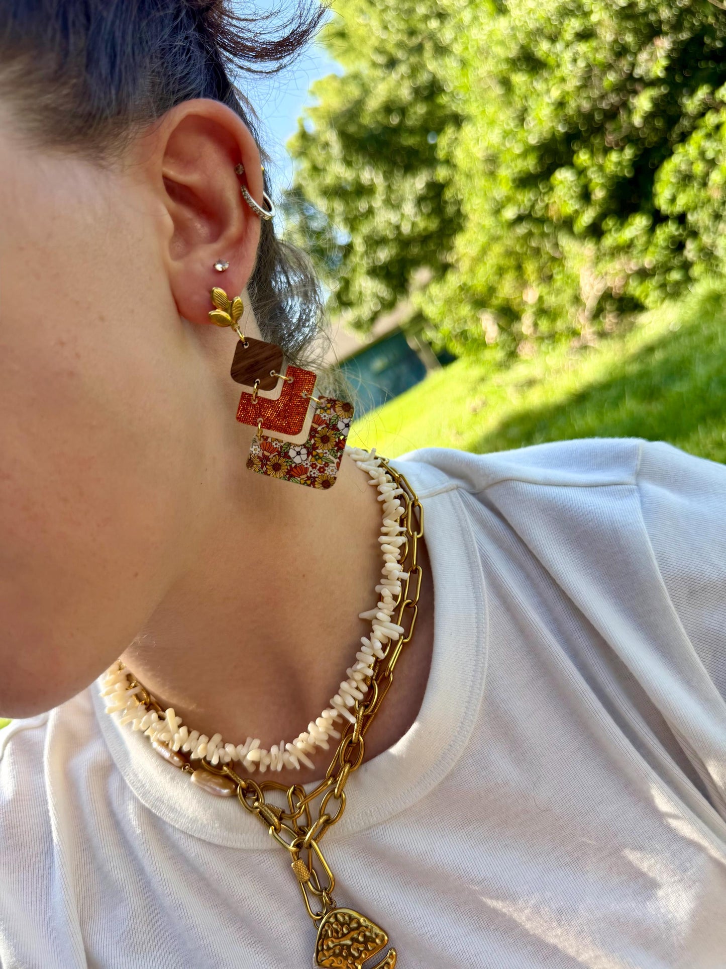 Autumn Boho Floral Statement Earrings | Stacked Geometric Dangles