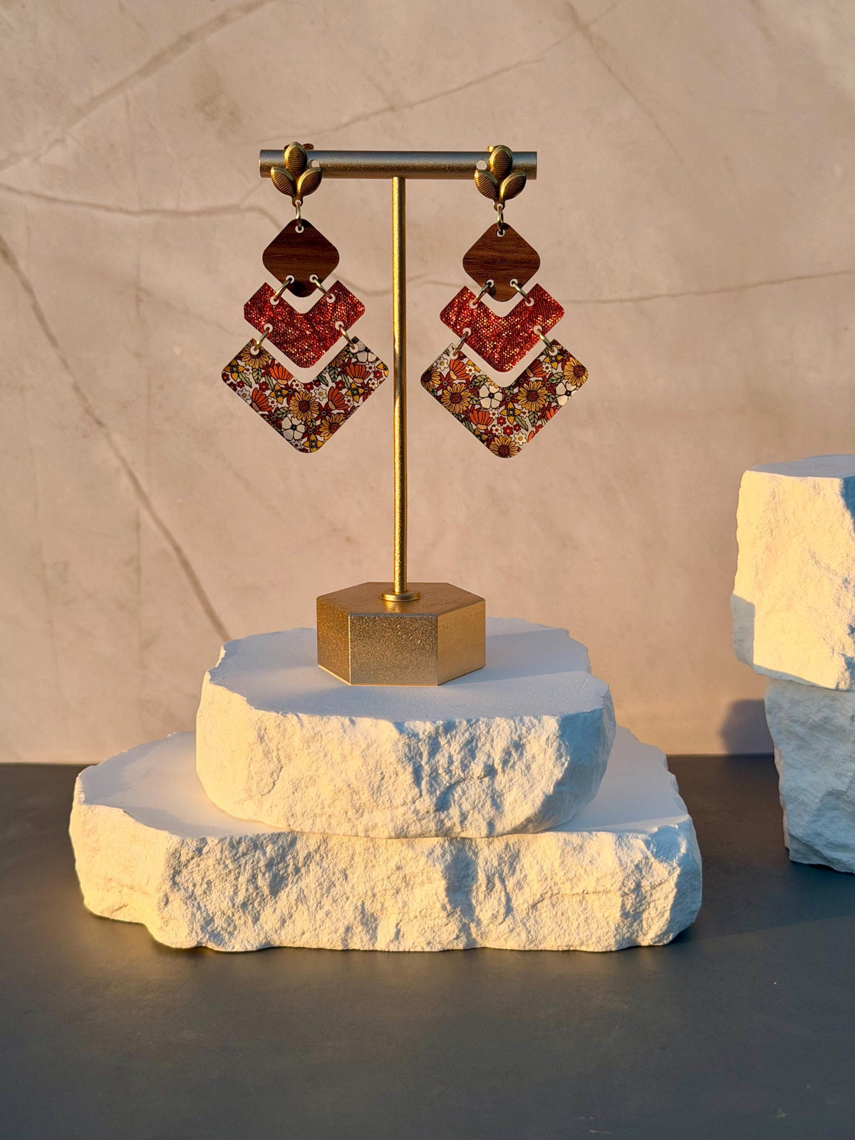 Autumn Boho Floral Statement Earrings | Stacked Geometric Dangles