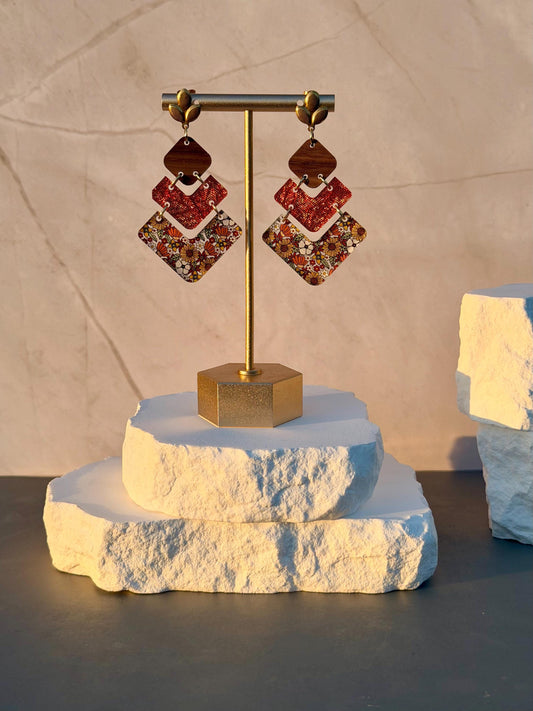 Autumn Boho Floral Statement Earrings | Stacked Geometric Dangles