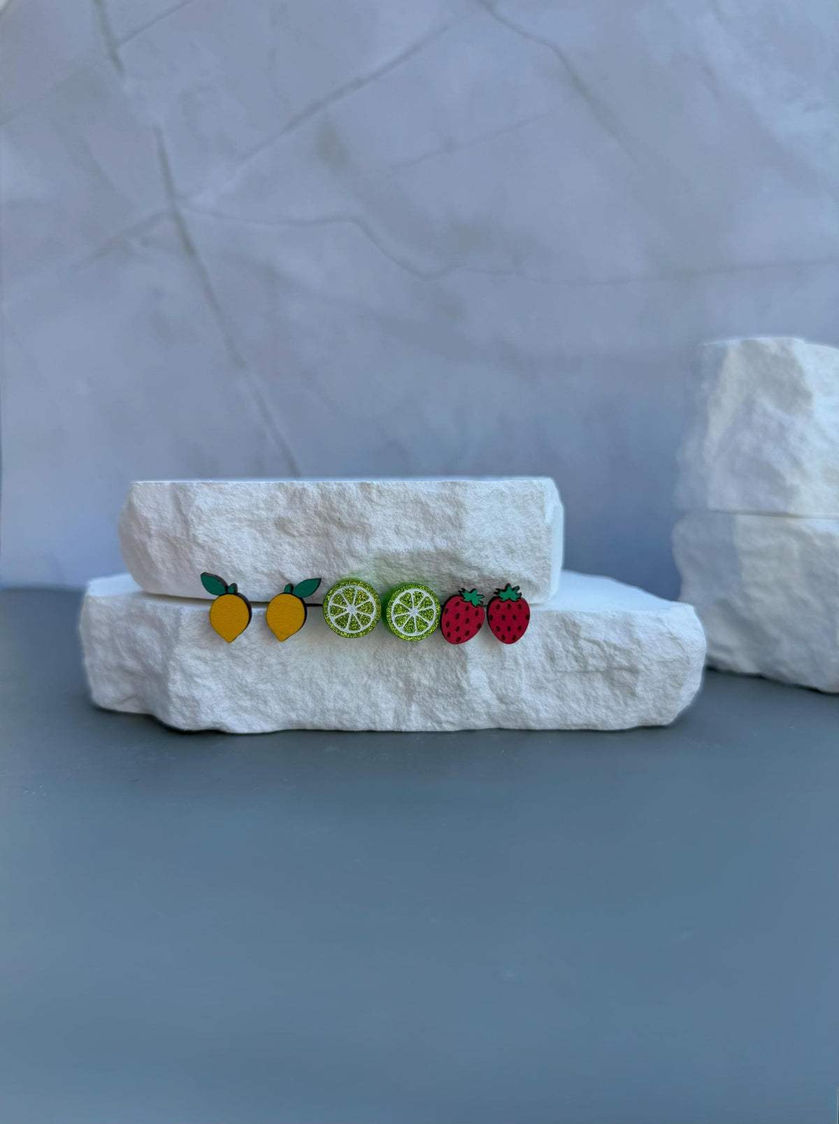 Fruit Stud Earrings | Wood Lemon Lime Strawberry Studs | Stainless Steel Posts