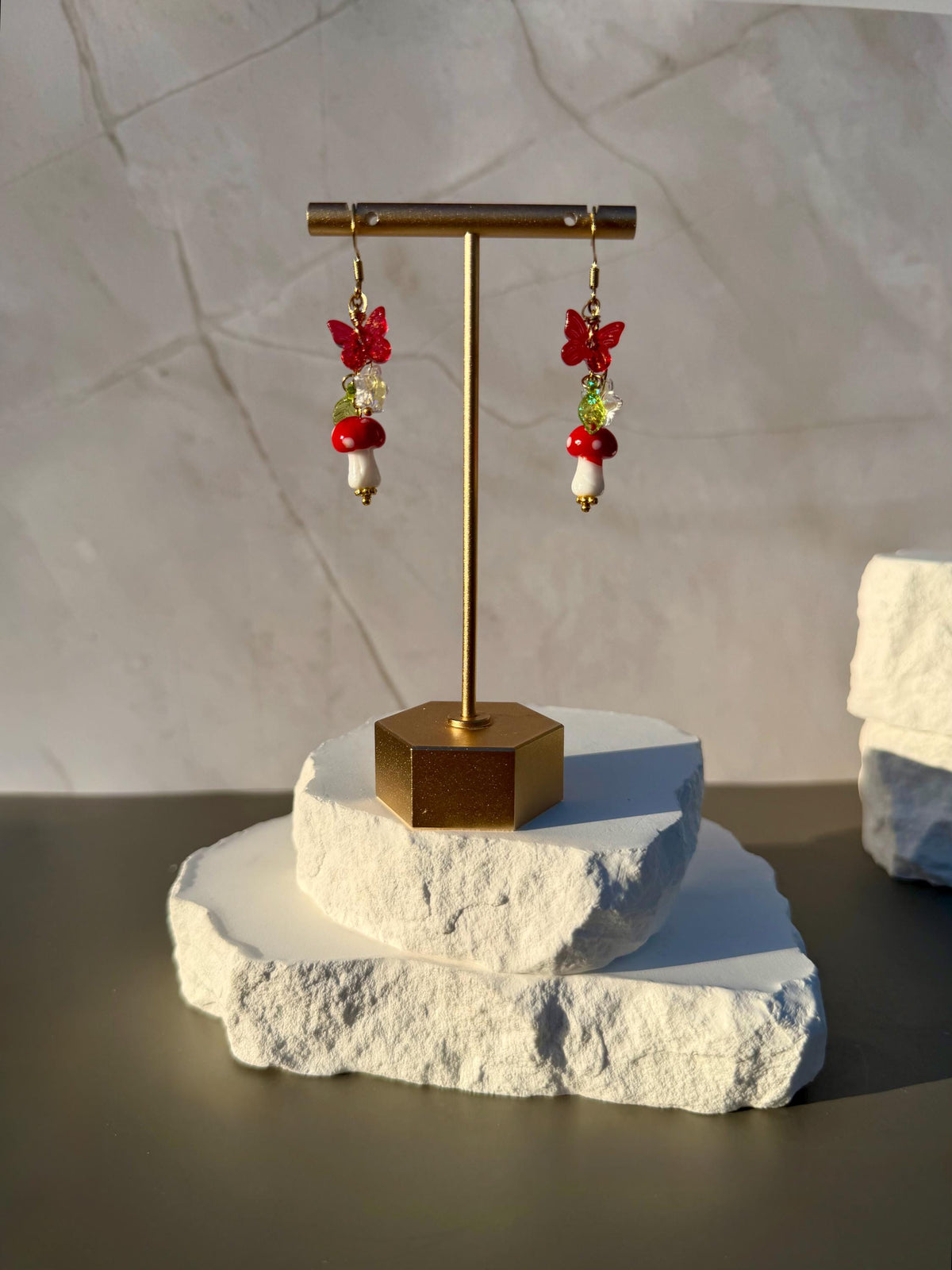 Enchanted Forest Drops | Glass Mushroom Butterfly Earrings | Whimsical Cottagecore Beaded Jewelry