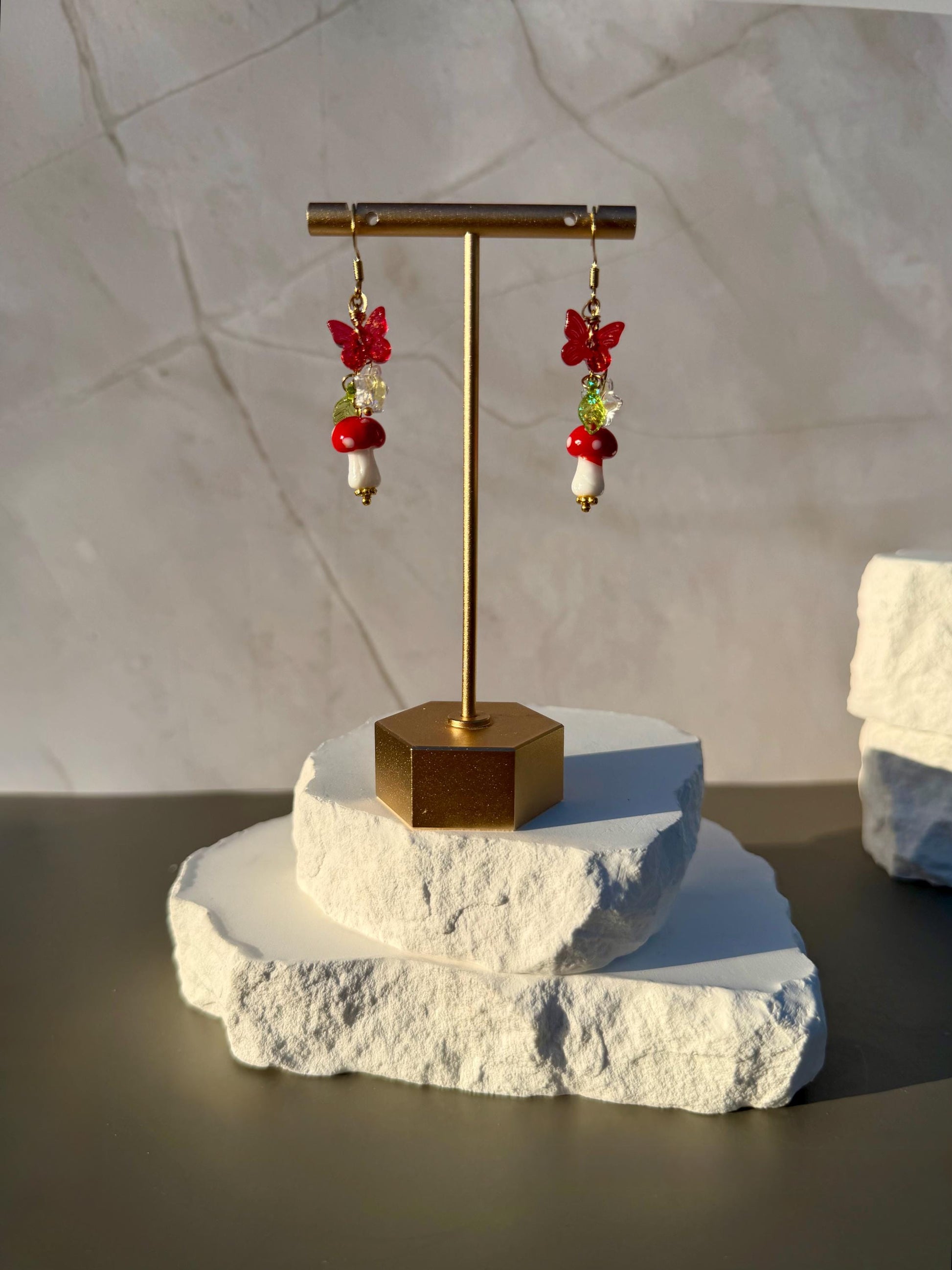 Enchanted Forest Drops | Glass Mushroom Butterfly Earrings | Whimsical Cottagecore Beaded Jewelry