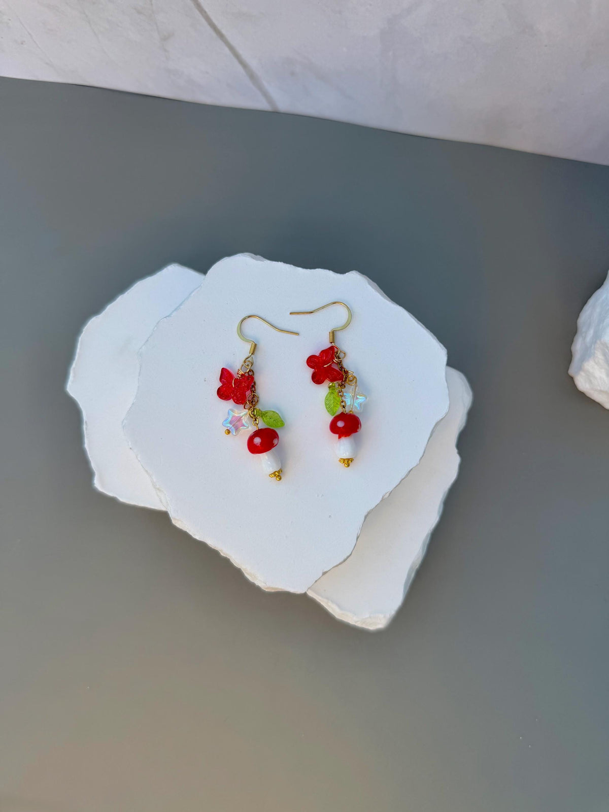 Enchanted Forest Drops | Glass Mushroom Butterfly Earrings | Whimsical Cottagecore Beaded Jewelry