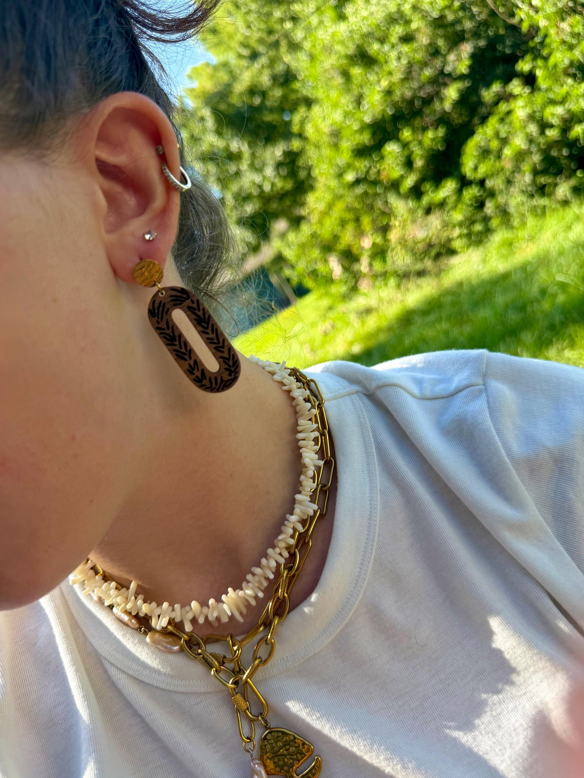 Etched Oval Drops | Wood Leaf Engraved Dangle Earrings | Boho Gold Stud Jewelry