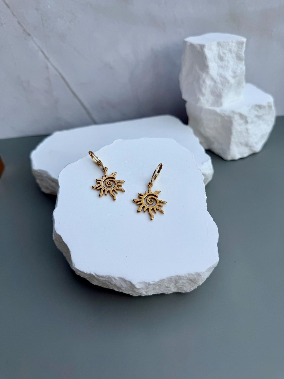 Solstice Sunburst Earrings | Gold Sun Spiral Charm Dangles | Boho Celestial Jewelry
