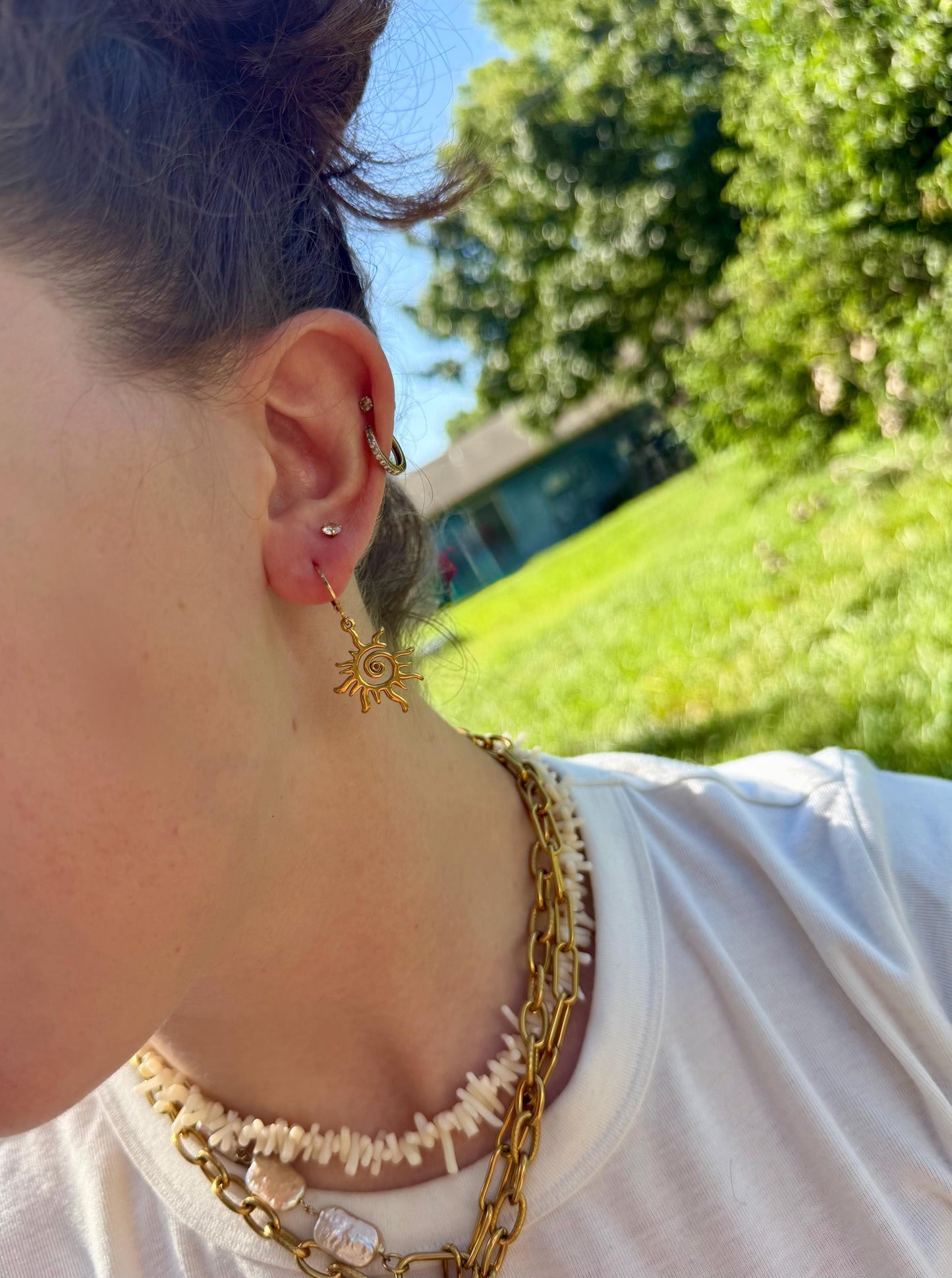 Solstice Sunburst Earrings | Gold Sun Spiral Charm Dangles | Boho Celestial Jewelry
