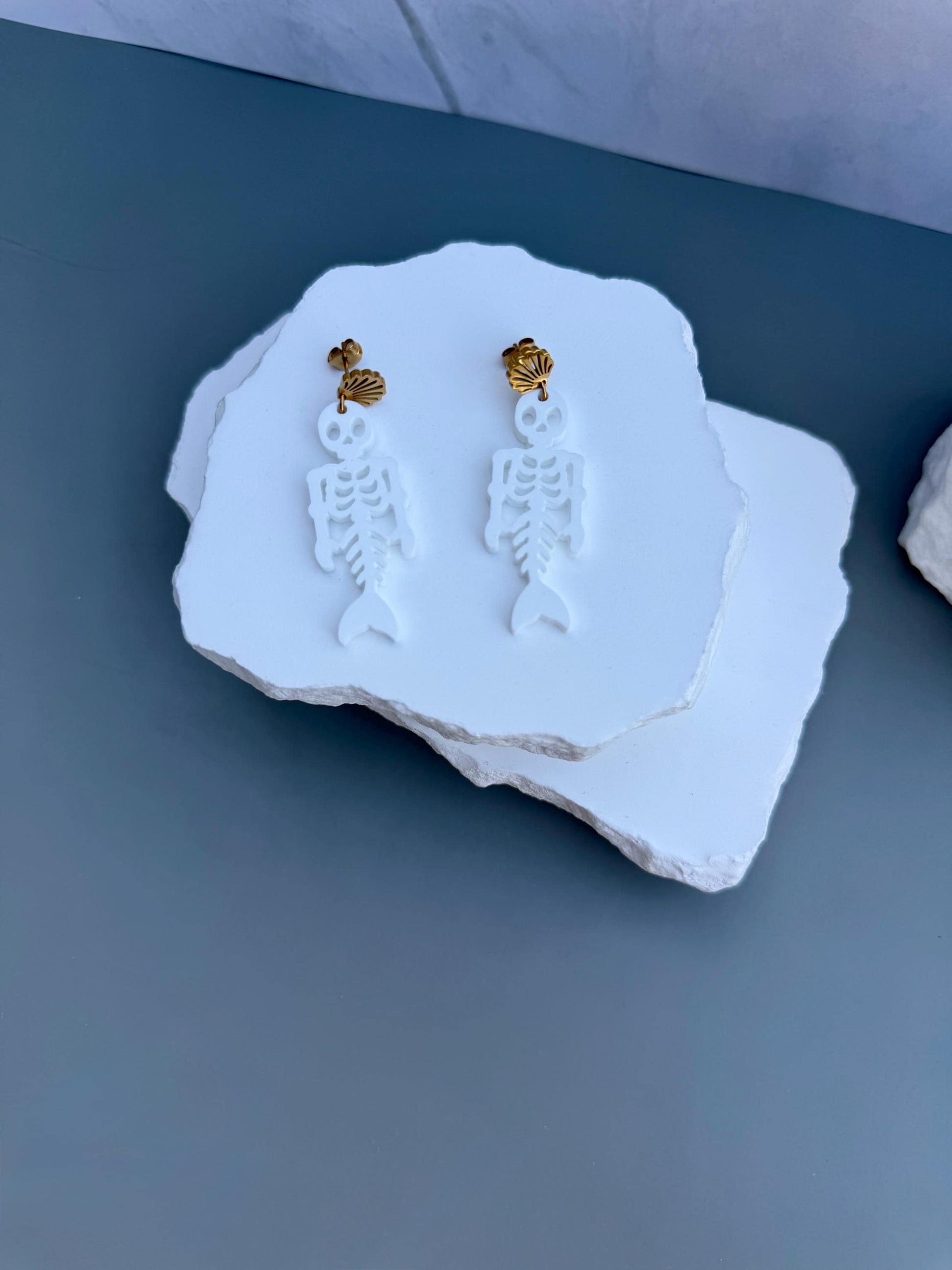 Skeleton Mermaid Drops | Halloween Beach Earrings | Gold Shell Stud Spooky Jewelry