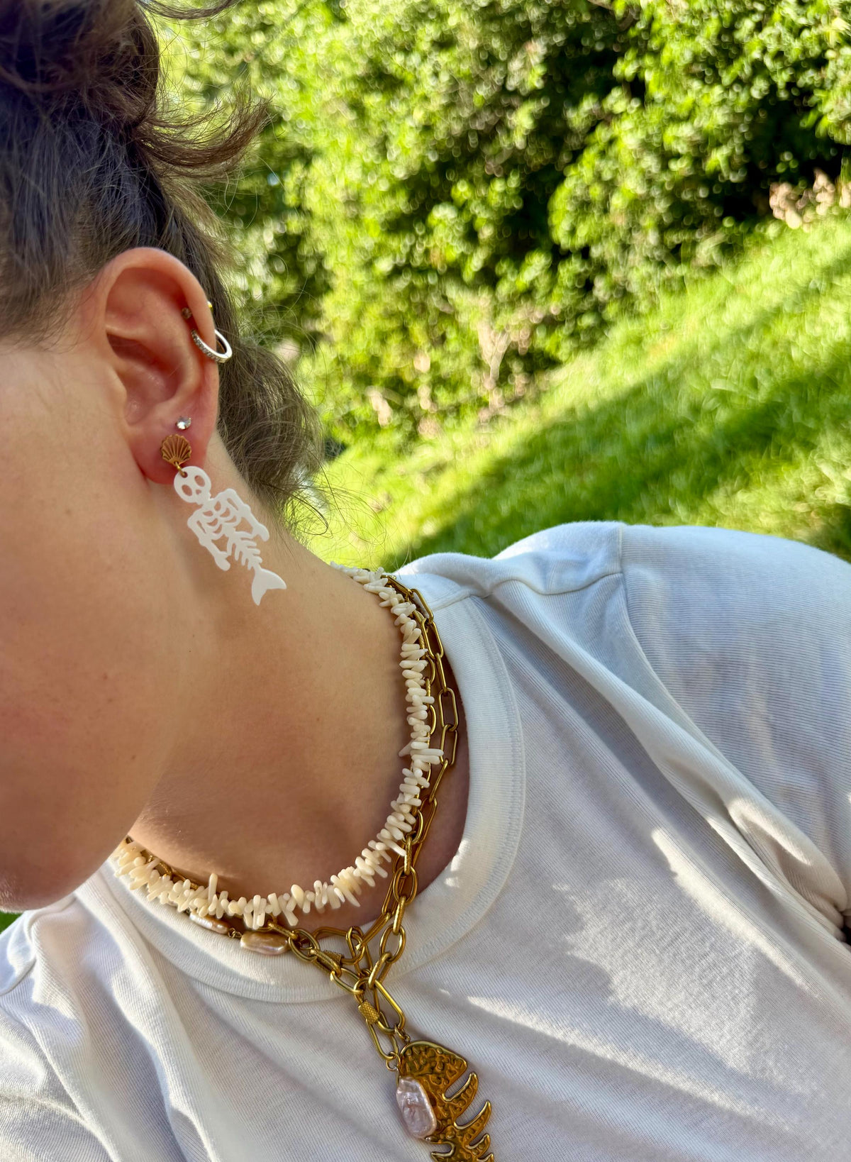 Skeleton Mermaid Drops | Halloween Beach Earrings | Gold Shell Stud Spooky Jewelry