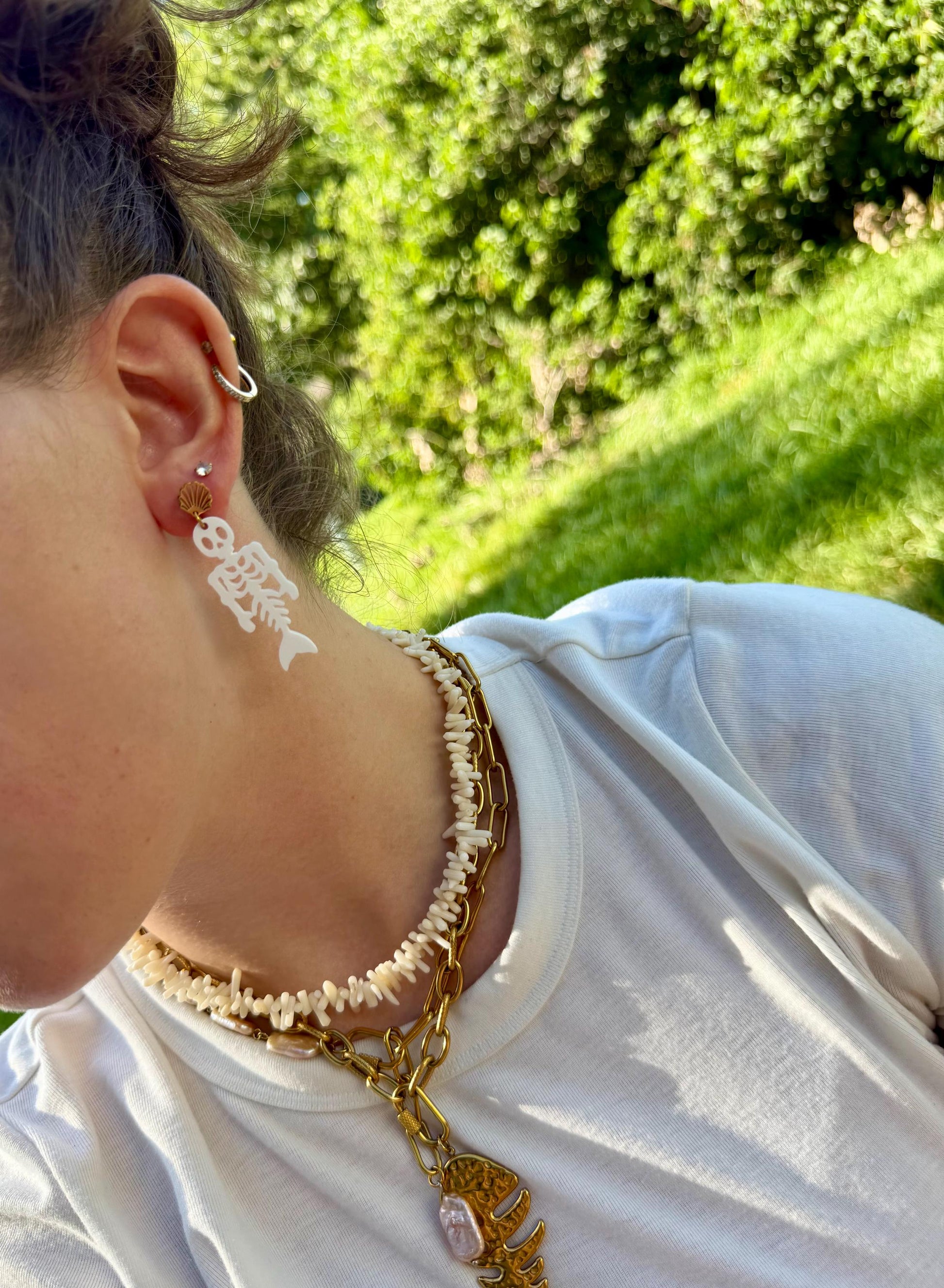 Skeleton Mermaid Drops | Halloween Beach Earrings | Gold Shell Stud Spooky Jewelry