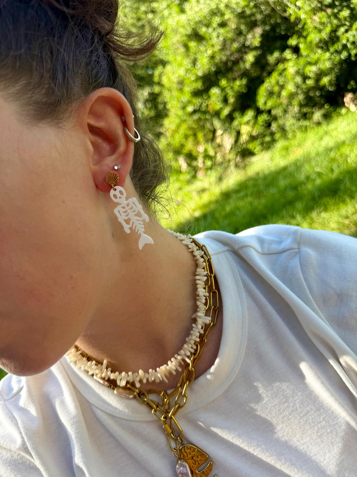 Skeleton Mermaid Drops | Halloween Beach Earrings | Gold Shell Stud Spooky Jewelry