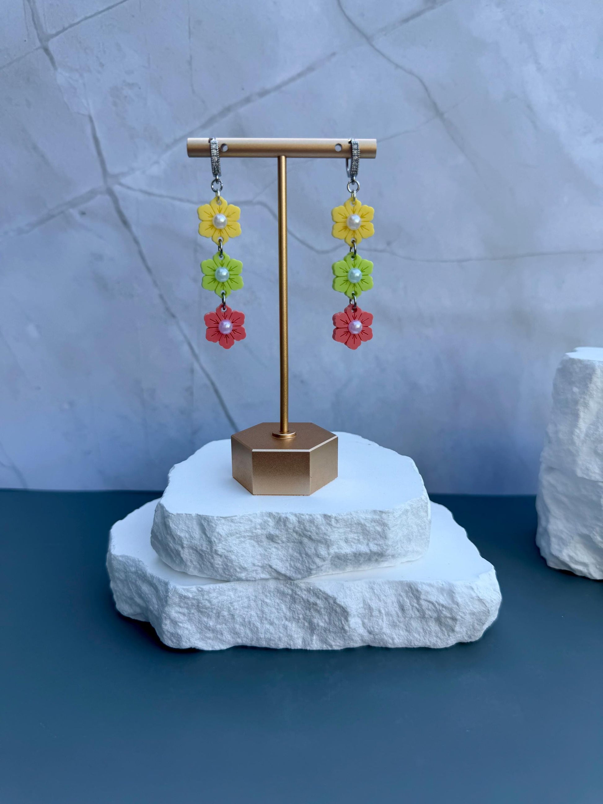 Citrus Garden Drops | Tiered Pearl Center Flower Earrings | Yellow Green Coral Boho Jewelry