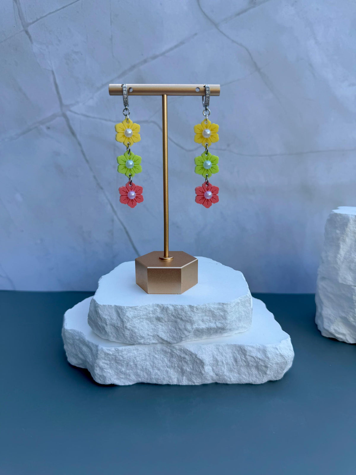 Citrus Garden Drops | Tiered Pearl Center Flower Earrings | Yellow Green Coral Boho Jewelry