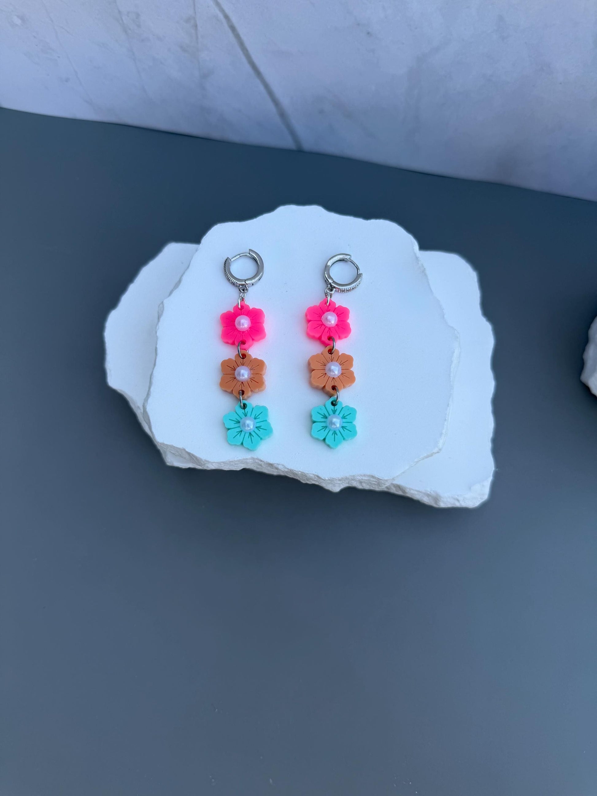 Sunset Garden Drops | Tiered Pearl Center Flower Earrings | Pink Orange Teal Boho Jewelry