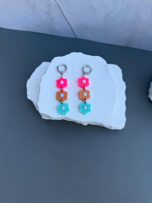 Sunset Garden Drops | Tiered Pearl Center Flower Earrings | Pink Orange Teal Boho Jewelry
