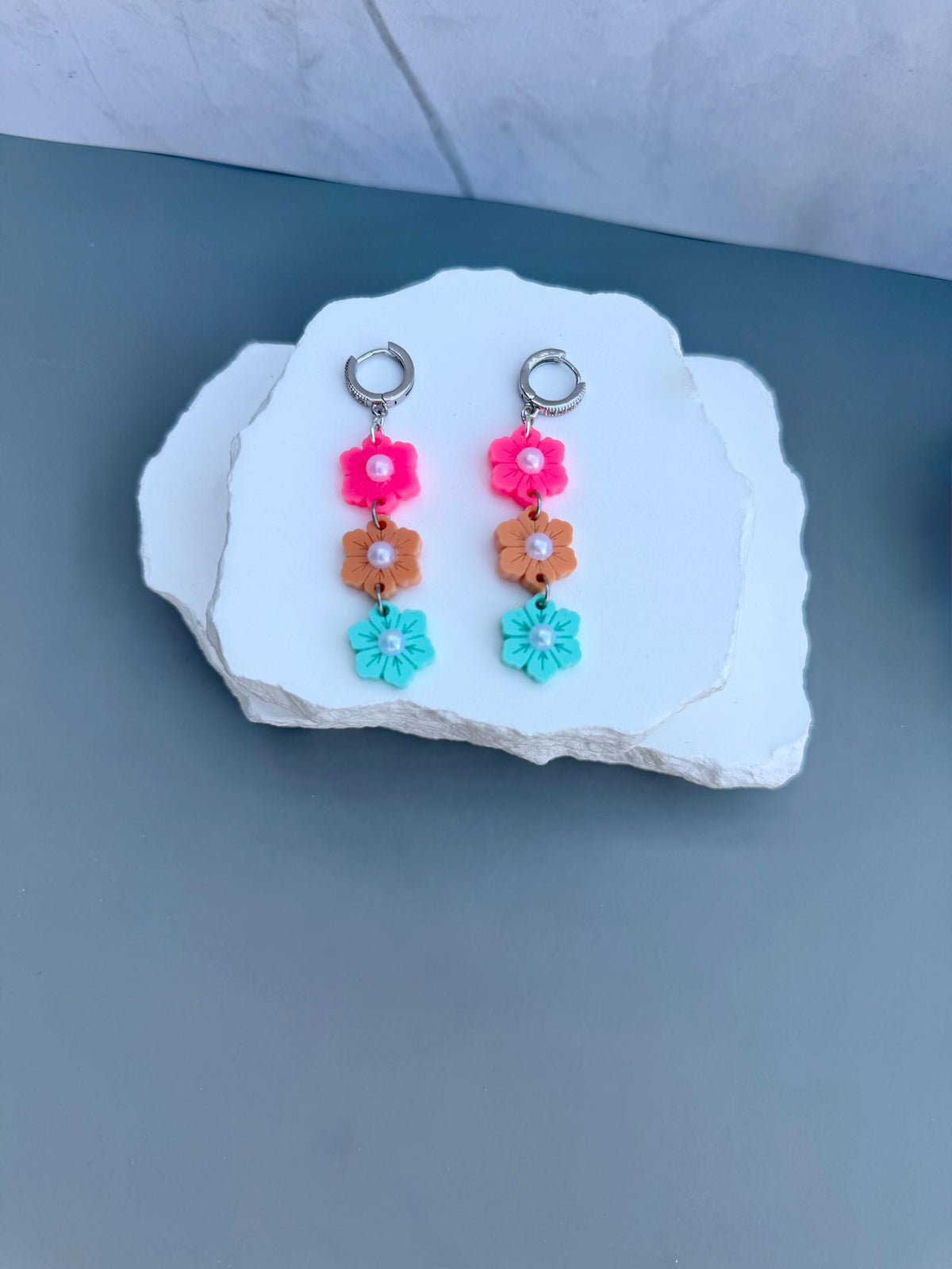 Sunset Garden Drops | Tiered Pearl Center Flower Earrings | Pink Orange Teal Boho Jewelry