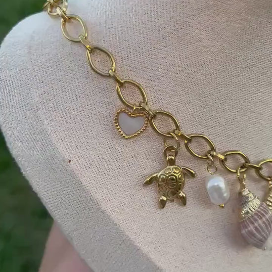 Stainless Steel Water Resistant Charm Necklace | Seashell Ocean Charm Necklace | 18k Gold Plated Stainless Steel | Summer Ocean Beachy Vibe