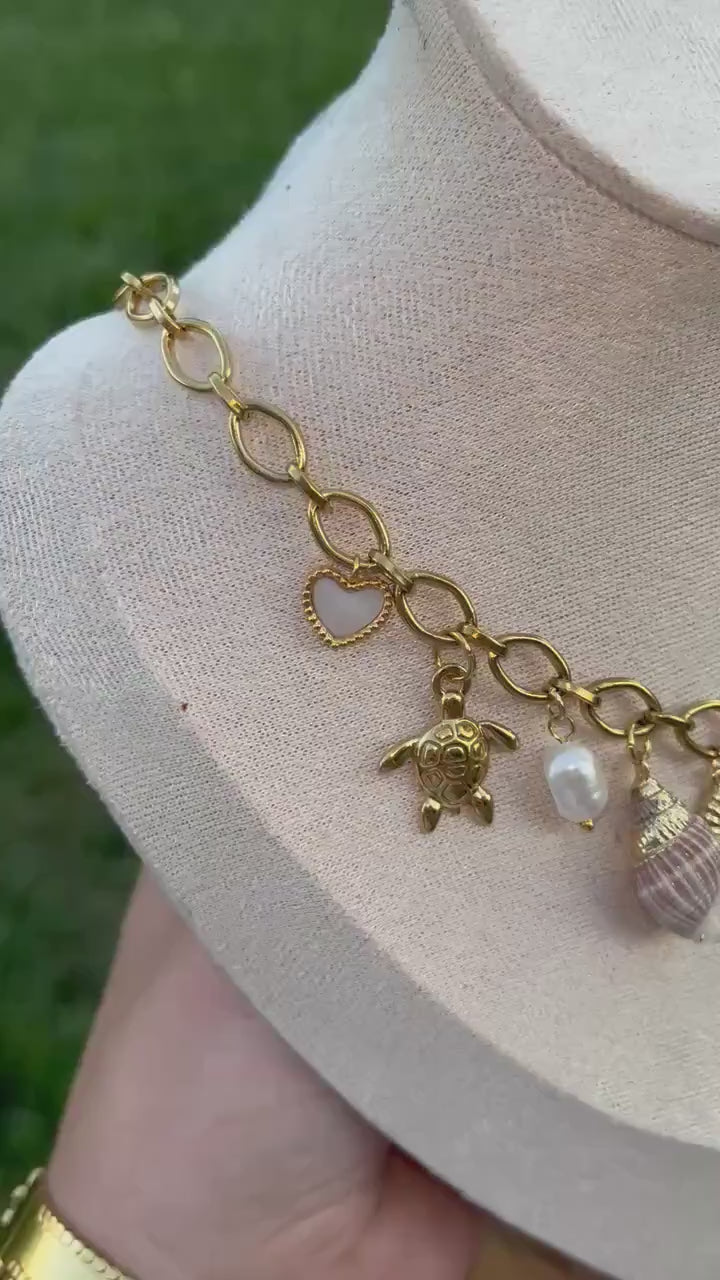 Stainless Steel Water Resistant Charm Necklace | Seashell Ocean Charm Necklace | 18k Gold Plated Stainless Steel | Summer Ocean Beachy Vibe