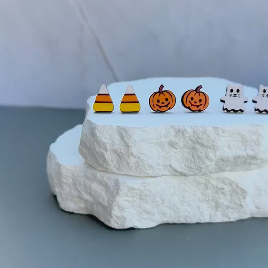 Halloween Stud Earrings | Candy Corn Pumpkin Ghost Cat Studs | Lightweight Wood Studs |