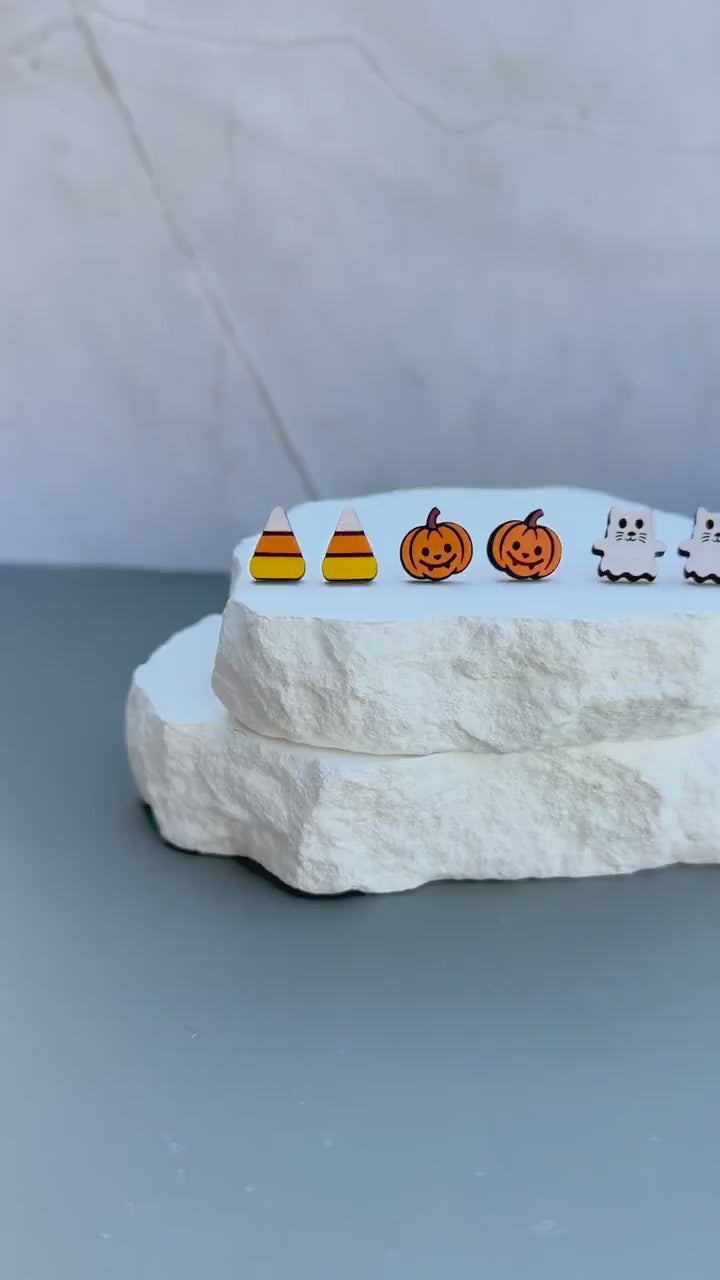 Halloween Stud Earrings | Candy Corn Pumpkin Ghost Cat Studs | Lightweight Wood Studs |