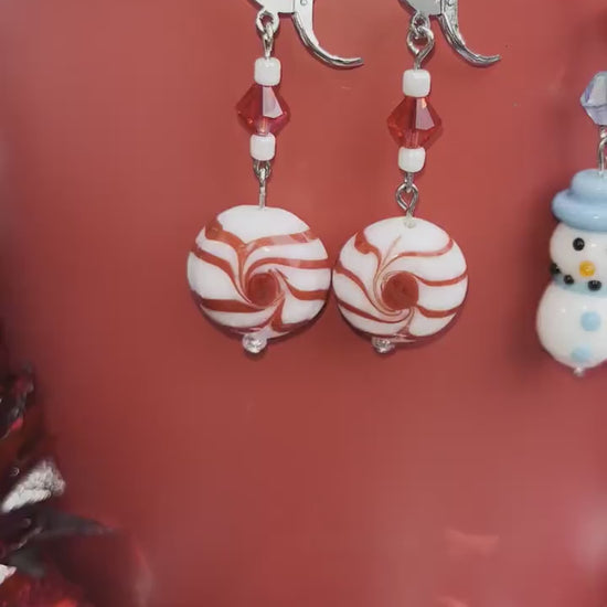 Glass Beaded Earrings | Snowman Peppermint | Dangle Beaded Christmas Earrings | Striped Earrings | Festive Holiday | Gifts | Blown Glass |