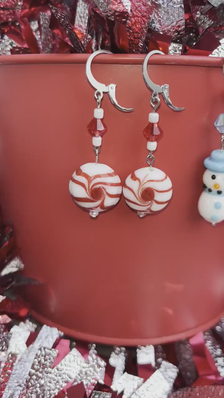 Glass Beaded Earrings | Snowman Peppermint | Dangle Beaded Christmas Earrings | Striped Earrings | Festive Holiday | Gifts | Blown Glass |