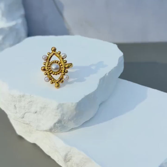 Evil Eye Pearl Ring | Adjustable Gold Ring