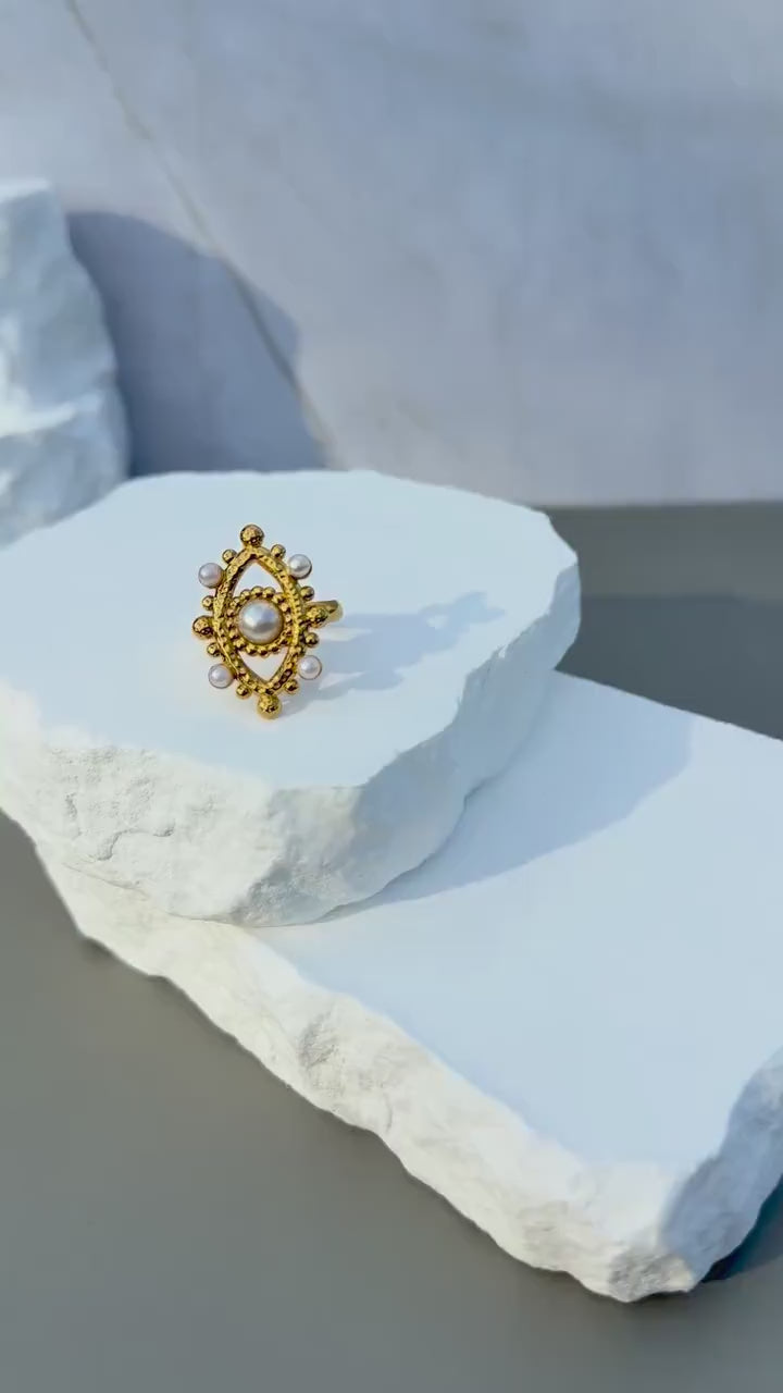 Evil Eye Pearl Ring | Adjustable Gold Ring