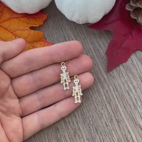 Gold Skeleton Huggie Hoop Earrings | Dainty Minimal Earrings | Fall Halloween Skeleton Earrings | Gold Jewelry | Stainless Steel