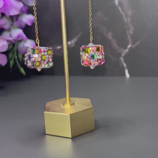 Sparkly Square Rhinestone Earrings | Magenta and Green Drop Earrings | Formal Minimalist Drop Earrings | Gifts for Her | Stainless Steel |