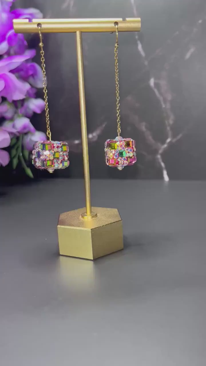 Sparkly Square Rhinestone Earrings | Magenta and Green Drop Earrings | Formal Minimalist Drop Earrings | Gifts for Her | Stainless Steel |