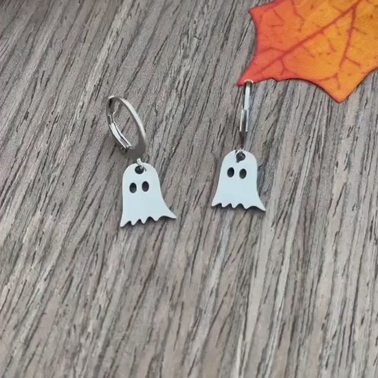 Stainless Steel Ghost Huggie Hoop Earrings | Halloween Fall Costume Jewelry | Fun Festive Jewelry for Fall Autumn | Silver Ghost Earrings |