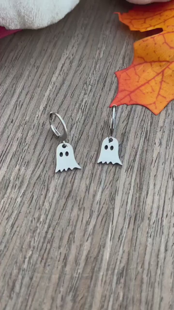 Stainless Steel Ghost Huggie Hoop Earrings | Halloween Fall Costume Jewelry | Fun Festive Jewelry for Fall Autumn | Silver Ghost Earrings |