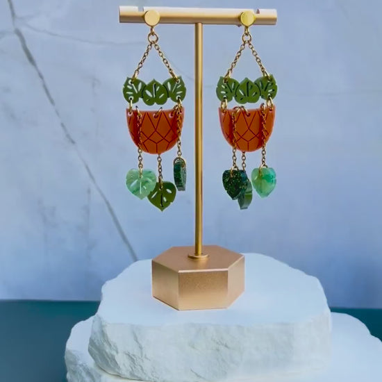 Hanging Garden Earrings | Monstera Macrame Plant Pot Dangles | Boho Plant Lover Jewelry