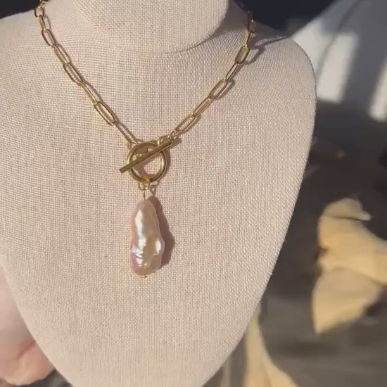 Freshwater Pearl Necklace | Stainless Steel Non-Tarnish Paperclip Chain | Toggle Clasp Necklace | Charm Necklace | Dainty Summer Jewelry |