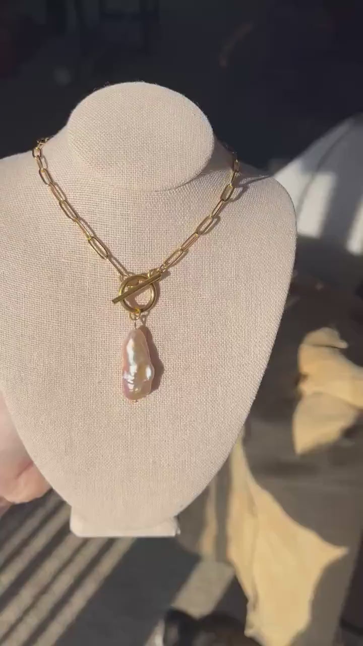 Freshwater Pearl Necklace | Stainless Steel Non-Tarnish Paperclip Chain | Toggle Clasp Necklace | Charm Necklace | Dainty Summer Jewelry |