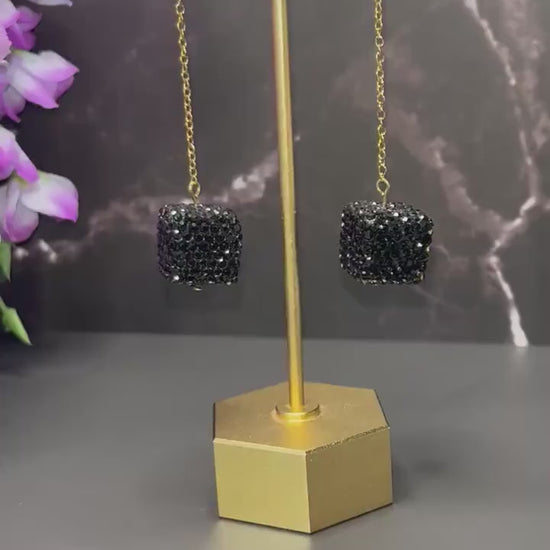 Black Rhinestone Square Earrings | Elegant Black and Gold Earrings | Lightweight Stainless Steel | Square Beaded Earrings | Gifts for Her |