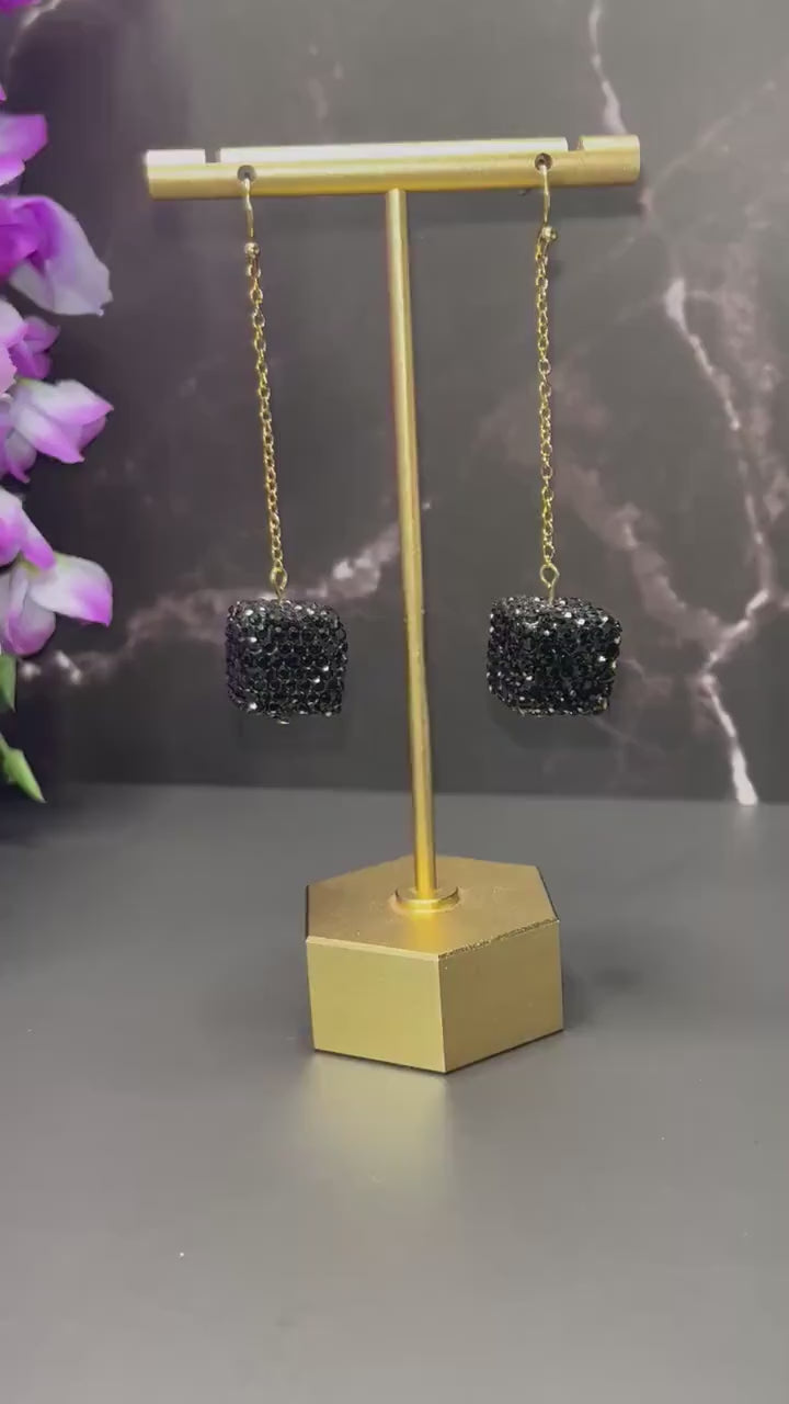 Black Rhinestone Square Earrings | Elegant Black and Gold Earrings | Lightweight Stainless Steel | Square Beaded Earrings | Gifts for Her |