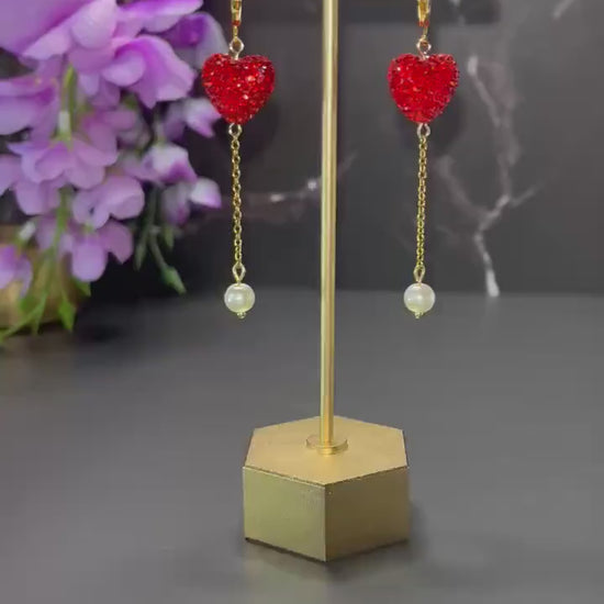 Heart Balloon Earrings | Valentines Day Rhinestone Heart Earrings | Red Gold Pearl Earrings for Women | Stainless Steel Non-Tarnish Earrings