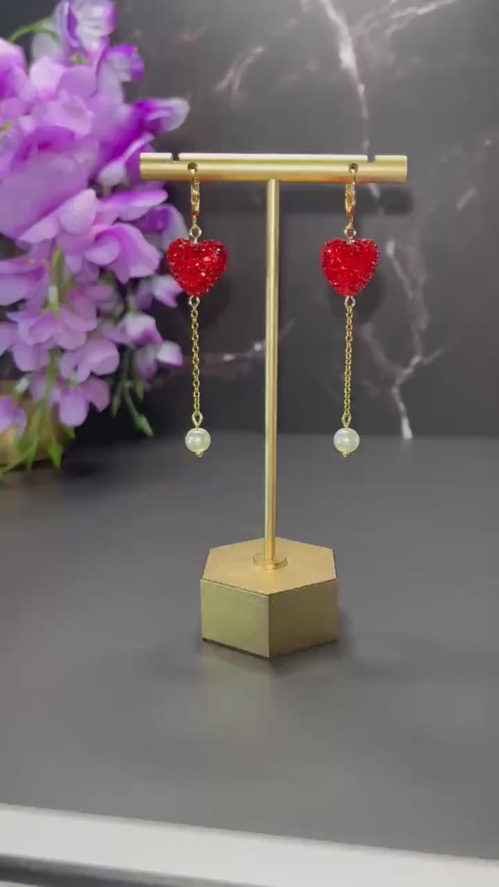 Heart Balloon Earrings | Valentines Day Rhinestone Heart Earrings | Red Gold Pearl Earrings for Women | Stainless Steel Non-Tarnish Earrings