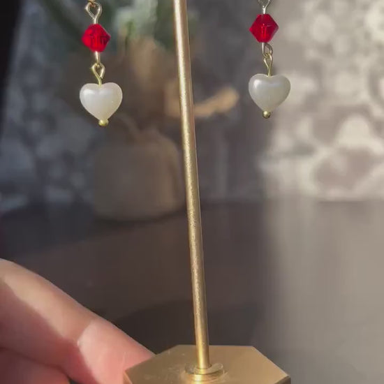 Pearl Heart Huggies | Elegant Earrings for Women | Valentine's Day Earrings | Red White Pearl Bead Earrings | Classy Stylish Huggie Hoop |
