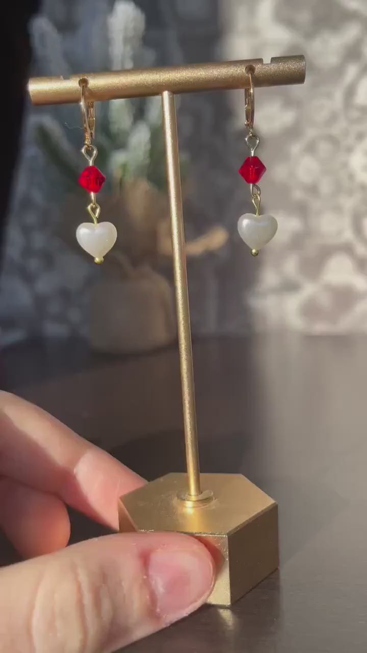 Pearl Heart Huggies | Elegant Earrings for Women | Valentine's Day Earrings | Red White Pearl Bead Earrings | Classy Stylish Huggie Hoop |