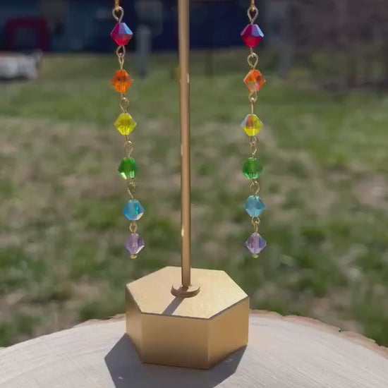Glass Rainbow Beaded Earrings | Rainbow Color Earrings | Gold Jewelry | Dangle Long Earrings | Colorful Shiny Summer Earrings |