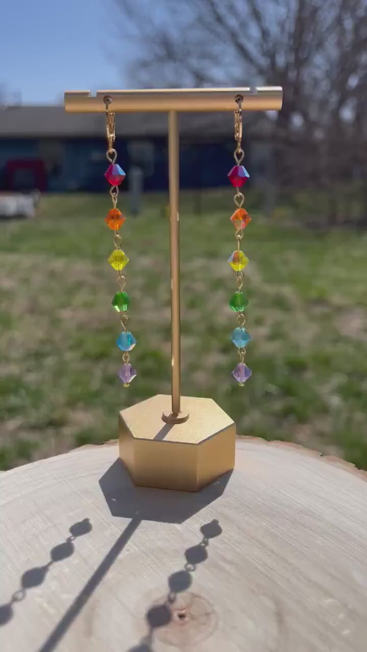 Glass Rainbow Beaded Earrings | Rainbow Color Earrings | Gold Jewelry | Dangle Long Earrings | Colorful Shiny Summer Earrings |