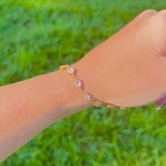 Bezel Set CZ Tennis Bracelet | Gold Stainless Steel Oval Link Bracelet | Waterproof & Tarnish Free