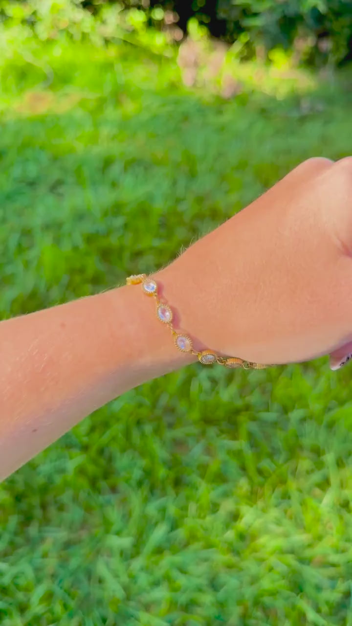 Bezel Set CZ Tennis Bracelet | Gold Stainless Steel Oval Link Bracelet | Waterproof & Tarnish Free