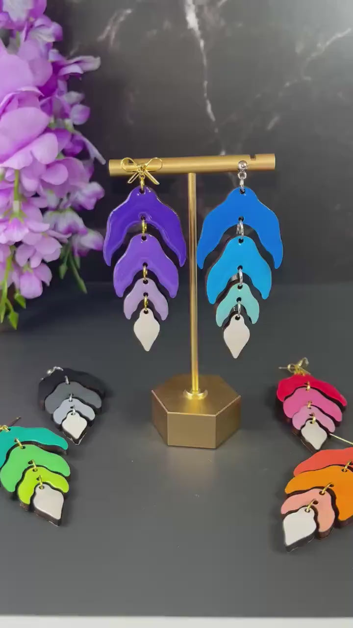 Wood Leaf Dangle Earrings | Wood Resin Colorful Leaf Earrings | Custom Color Ombré Earrings | Statement Jewelry for Women | Lightweight |