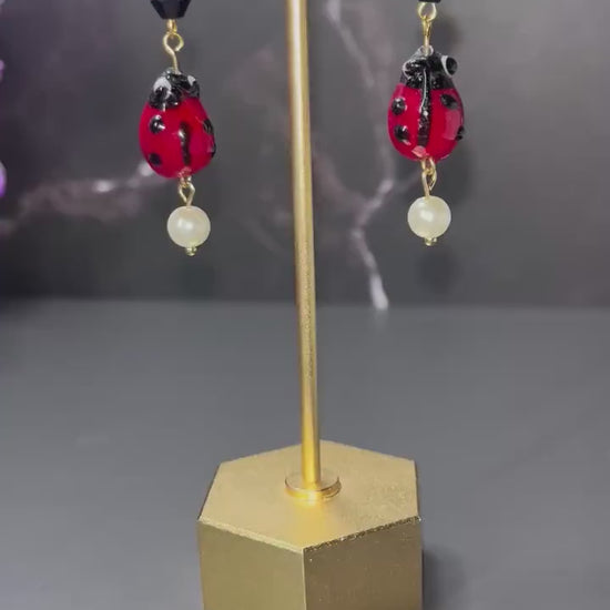 Glass Ladybug Earrings | Glass Bead Earrings | Ladybug Spring Cottage Core | Earrings for Women | Insect Earrings | Huggie Hoop S Steel |