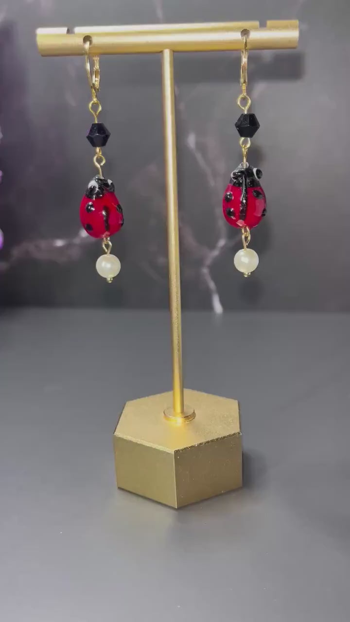 Glass Ladybug Earrings | Glass Bead Earrings | Ladybug Spring Cottage Core | Earrings for Women | Insect Earrings | Huggie Hoop S Steel |