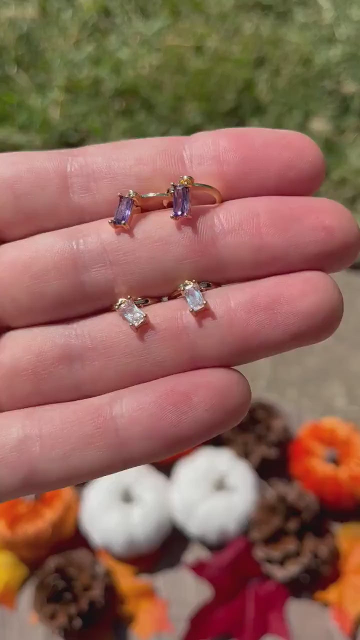 18k Gold Filled Cubic Zirconia Huggie Hoop Earring | Purple White Gemstone Earrings | Gold Jewelry | Birthstone Earring | Stainless Steel |
